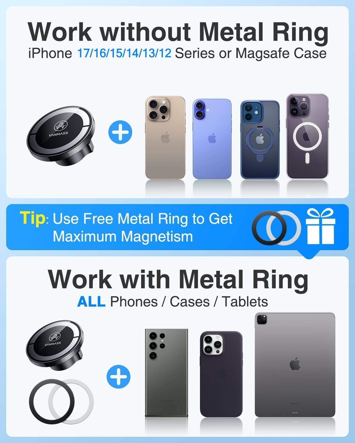 VANMASS for MagSafe Car Holder [Dash+Windshield+Vent] Magnetic Phone Mount