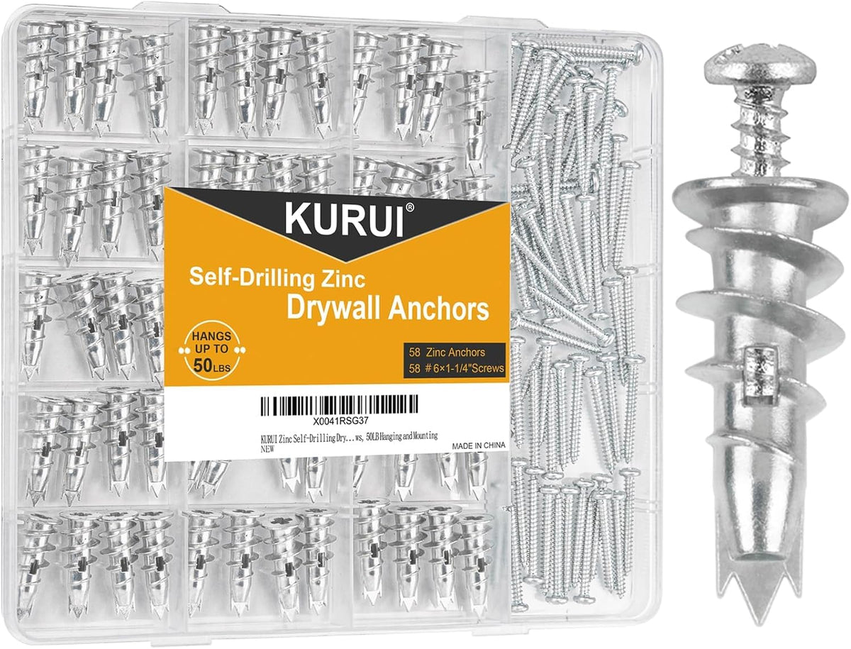 KURUI Metal Self Drilling Drywall Anchors, Shatter-Resistant Wall Anchors