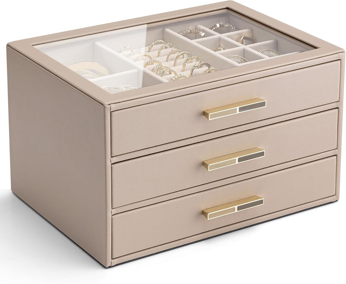 VLANDO Jewelry Box Organizer, 3-Layer Storage Drawers, Glass Window, Modern