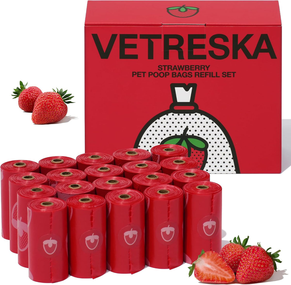 VETRESKA Dog Poop Bag Dispenser with Strawberry Scented Bags, 105 Counts | Leak Proof and Extra Thick Pet Waste Bags, 1 Poop Bag Holder and 7 Rolls for Dog Walking and Cats Litter