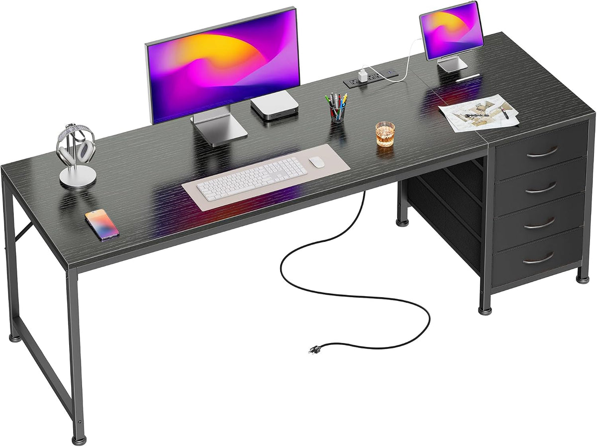 PRAISUN 55.1 Inch Computer Office Desk with Power Outelts and USB-C Port, Reversible Gaming Desk with 4 Fabric Drawers, Work Study Desk Work from Home, Rustic Brown