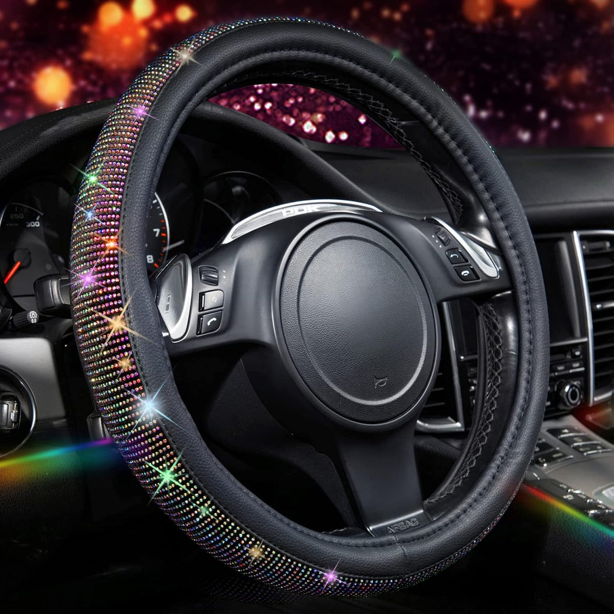 CAR PASS Bling Diamond Leather Steering Wheel Cover, with Bling Sparkly Crystal Glitter Rhinestones Universal Fit 14.5in-15in Car Wheel Protector for Women Girl Fit Suvs,Vans,Sedans,Car,Trucks, Silver