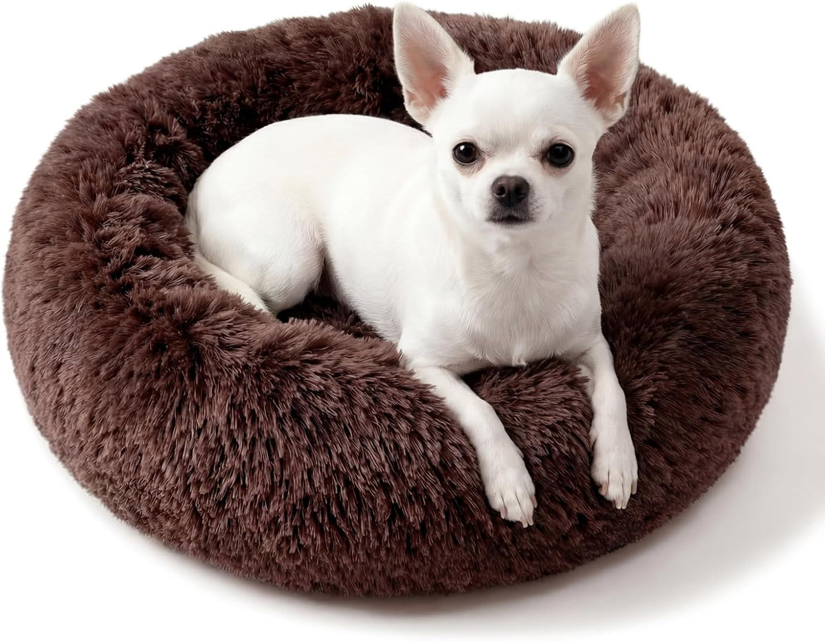 Small Calming Dogs Bed for Small Dogs Anti-Anxiety Machine Washable Fluffy Luxury Anti-Slip Waterproof Mute Base Warming Cozy Soft Pet Puppy Round Bed