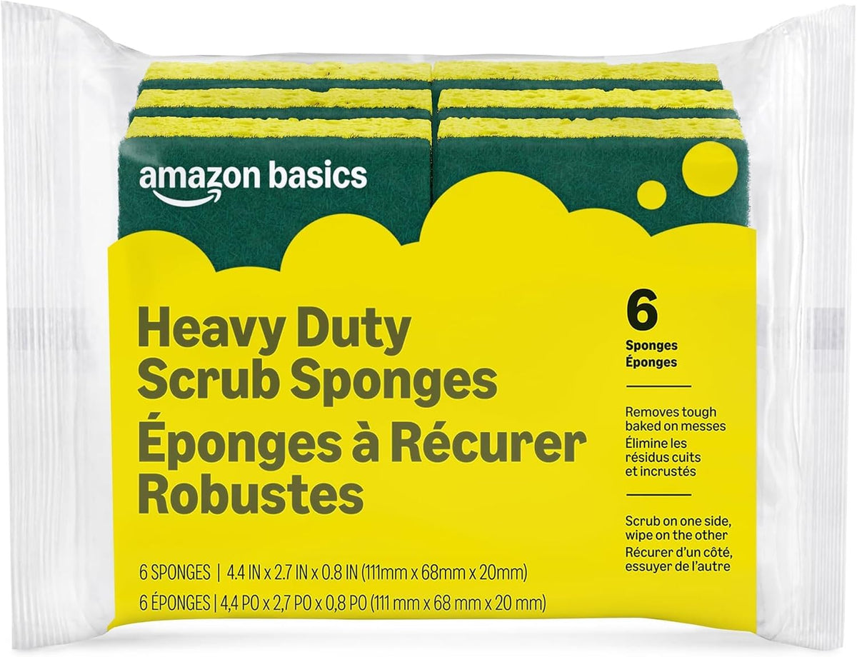 Amazon Basics Non-Scratch Dual-Sided Sponges for Nonstick Pots and Pans, Dish Scrubber, All-Purpose, 6-Pack, Packaging May Vary