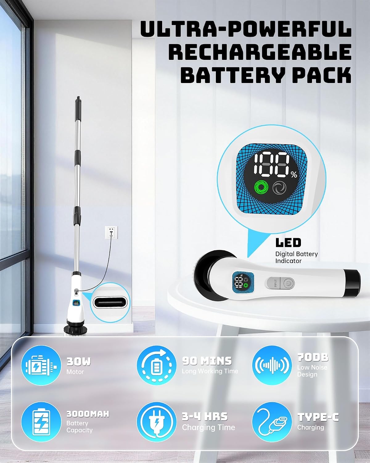 Electric Spin Scrubber with Long Handle | Shower Cleaner Brush for Bathroom