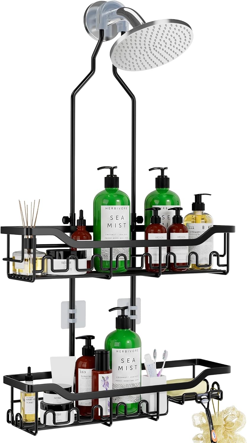Upgraded Extended Length Shower Organizer with Hooks, Rustproof Shampoo Soap Holder, Large Hanging Bathroom Caddy