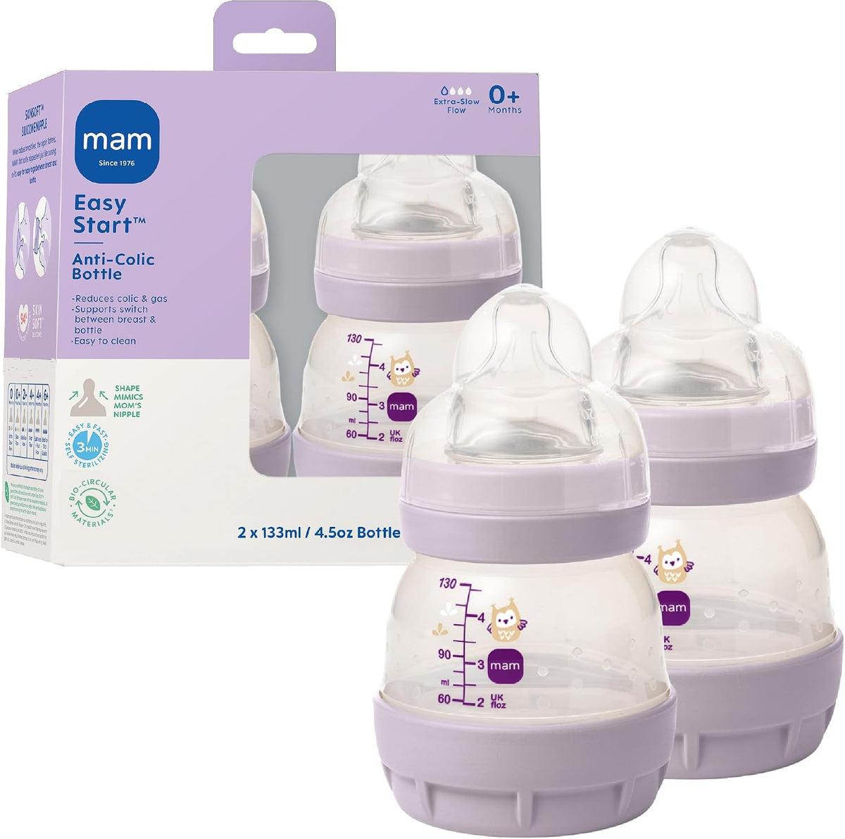 MAM 4.5oz Easy Start Anti-Colic+ Vented Baby Bottle, 0+ Mths, 2 Pk, Unisex
