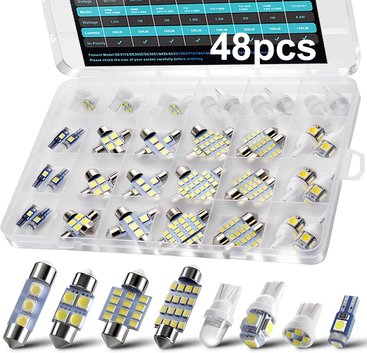 48Pcs Led Interior Car Lights Kit, Premium Bright White Led Bulb (194 T10 T5 De3175 W5W 2825 578 168) | Dome Map Dash Door License Plate Tail Light Bulbs, Interior Lights for Cars, Trucks, Rv, Boat