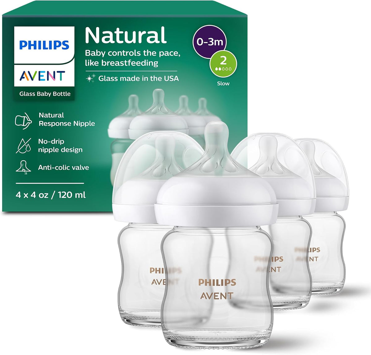 Philips Avent Natural Glass Baby Bottles, Slow Flow, 4 oz, BPA-Free, 4-Pack