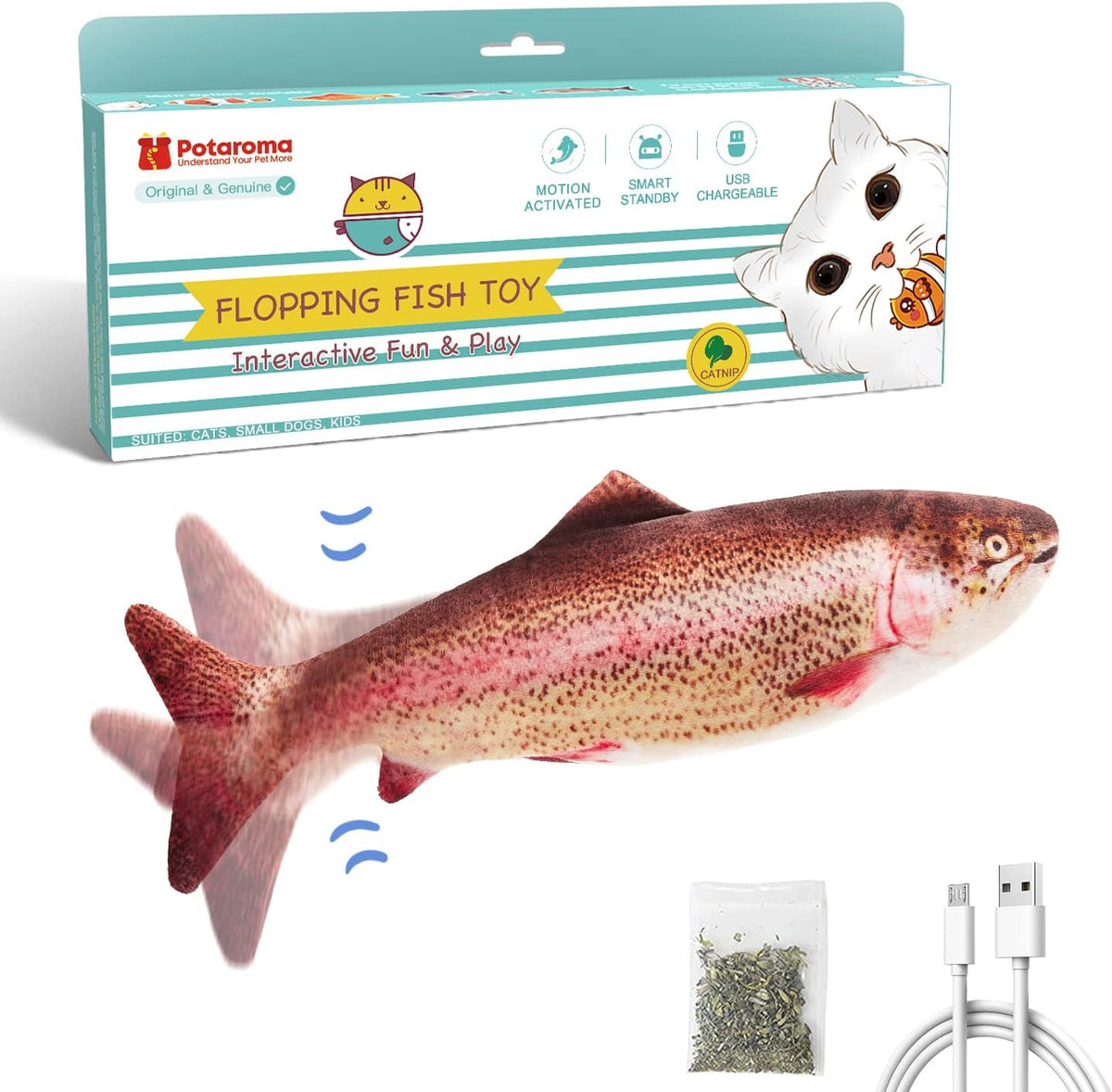 Potaroma Cat Toys Flopping Fish with Catnip, Moving Kitten Kicker, Floppy Wiggle Carp for Small Dogs, Interactive Motion Kitty Exercise, 10.5 Inches