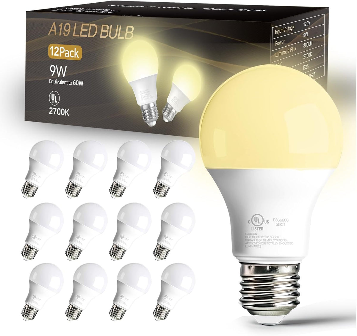 dalattin 24 Pack LED Bulbs Daylight White 5000K, 60 Watt Equivalent A19 Standard Bulbs, E26 Base, 800 LM, Efficient 9W Energy Saving, Non-Dimmable, 80+ CRI, 120V, UL Listed, for Living Room, Office