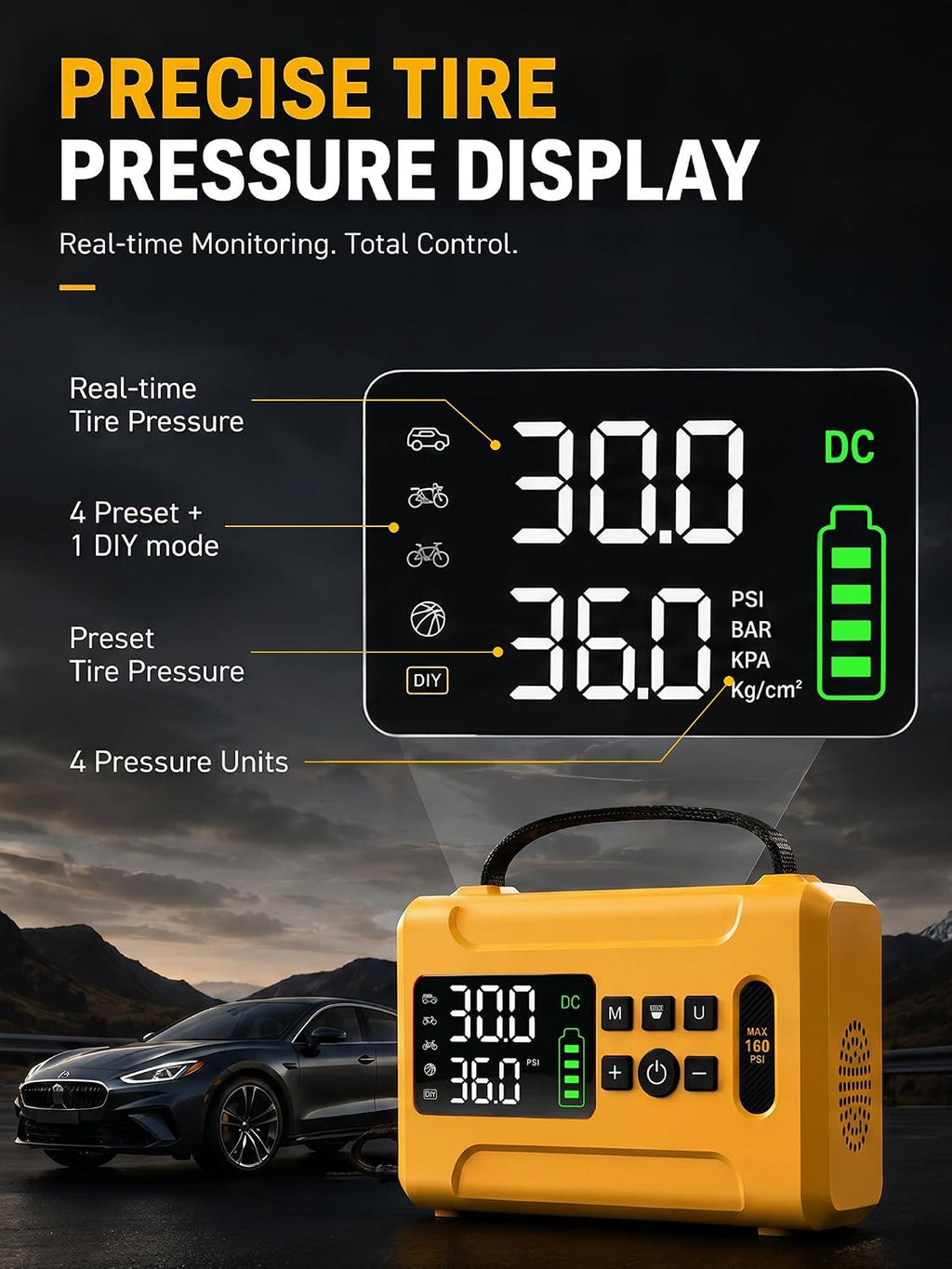 Tire Inflator Portable Air Compressor 160 PSI Air Pump for Car Tires 8000 mAh & 12V DC Powered Fast 30L/min, Digital Tire Pressure Gauge, LED Lights, 5 Modes Auto Shut-off (Yellow, 8000 mAh)
