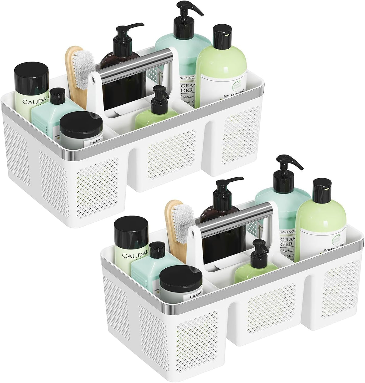 BYUNER Plastic Shower Caddy Dorm: Portable Cleaning & Shower Caddy with Handle, 4 Divided Compartments, All-Side Drainage, Rigid Plastic Basket Tote for College Dorm & Bathroom Use, Black/Silver