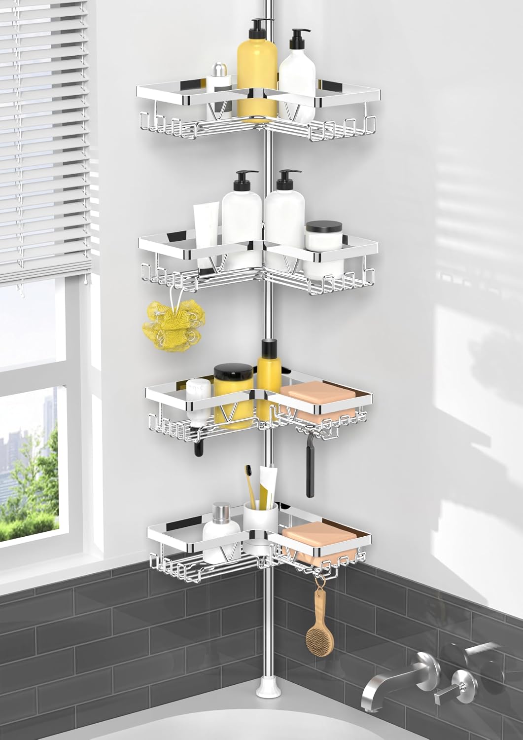 KEGII Corner Shower Caddy Tension Pole, Large Capacity Bathroom Organizer