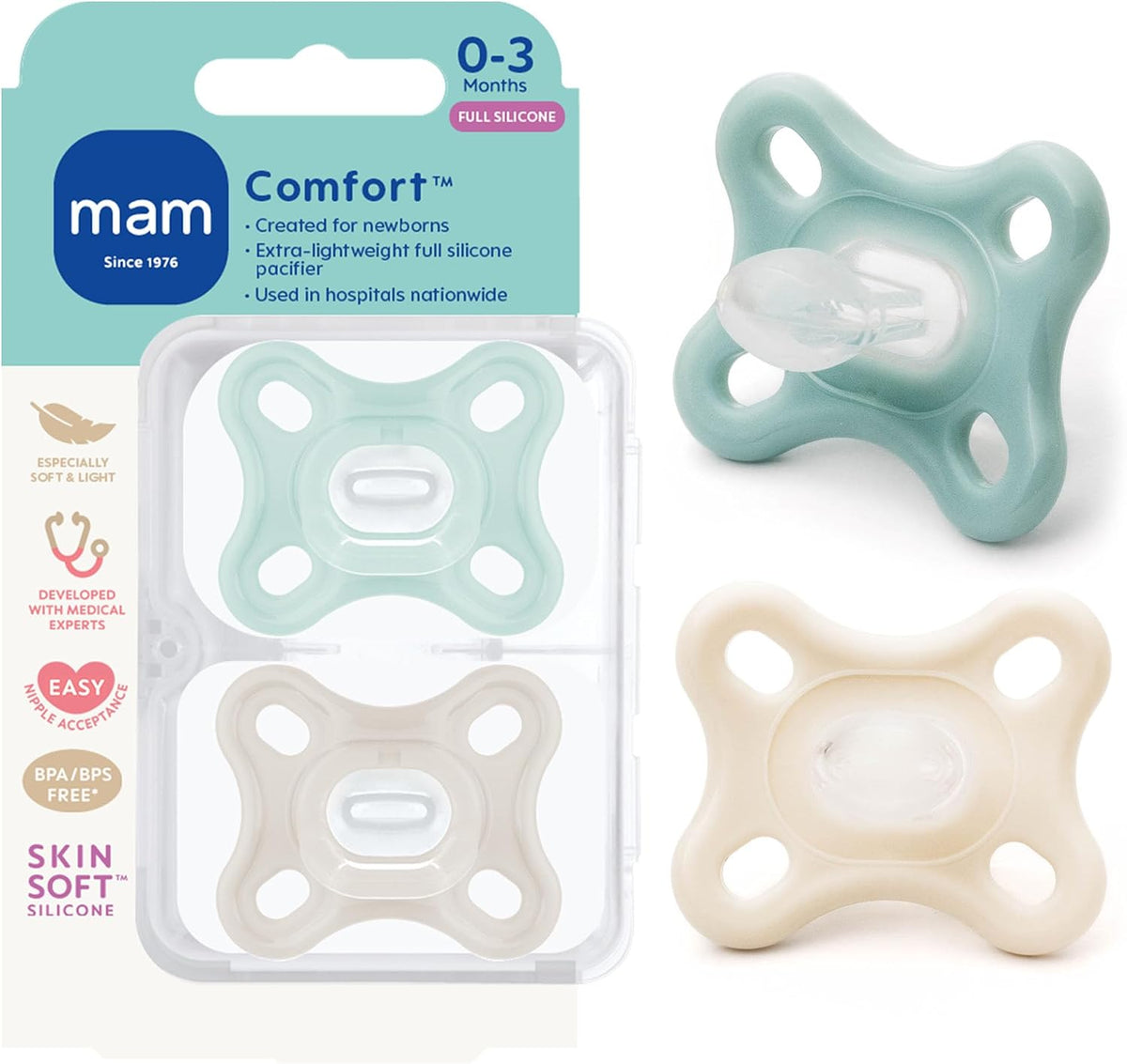 MAM Comfort Baby Pacifier 0-3 Mths Lightweight One-Piece Silicone 4 Pack