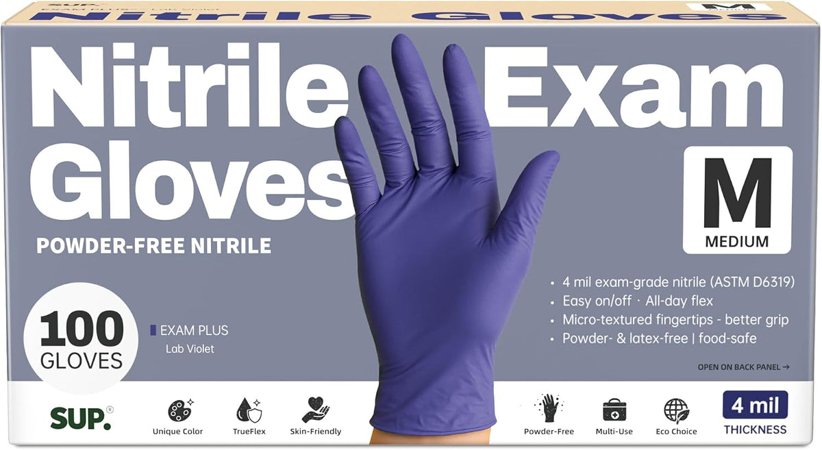 SUP Powder-Free Nitrile Exam Gloves, 100/1000 Ct Food Safe Latex-Free Medical Cooking Cleaning Disposable Glove, Blue Violet