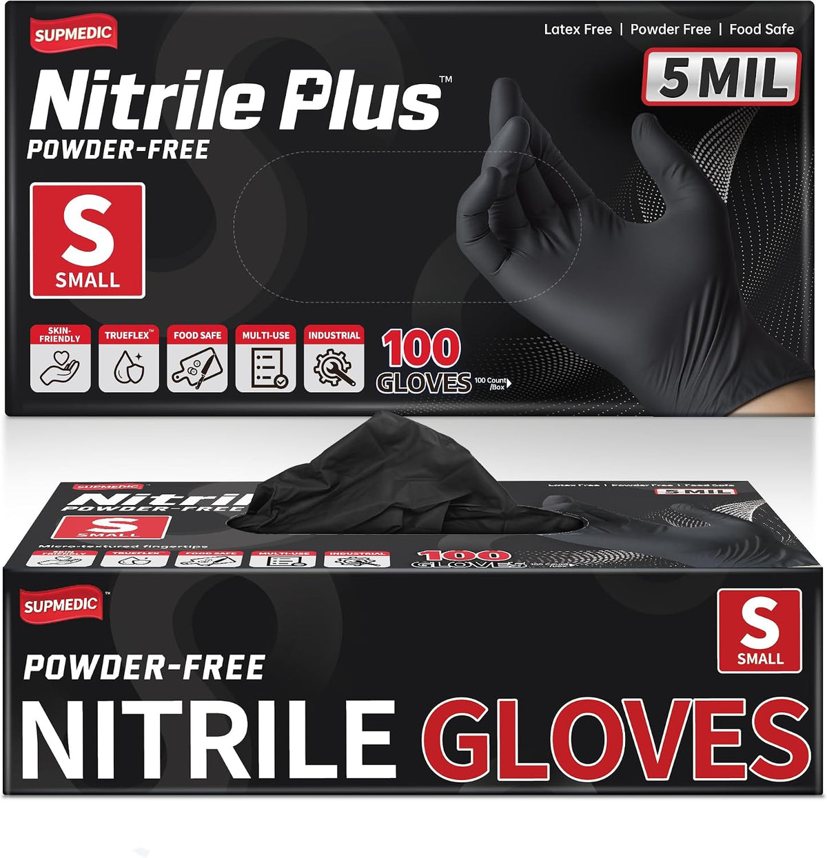 Supmedic Nitrile+ Disposable Gloves, 5 Mil Latex & Powder-Free Glove 100 Ct