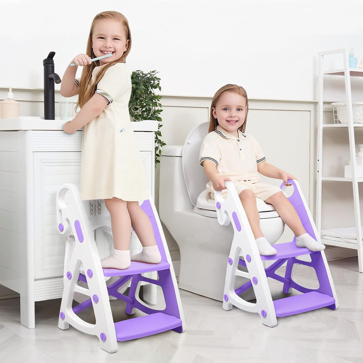 Primlect Potty Training Toilet, 2-in-1 Stable Potty Seat with Step Stool | Adjustable Seat and Step Height, Extra Wide Step, Anti-Slip Pad, Splash Guard, for Boys and Girls, Grey