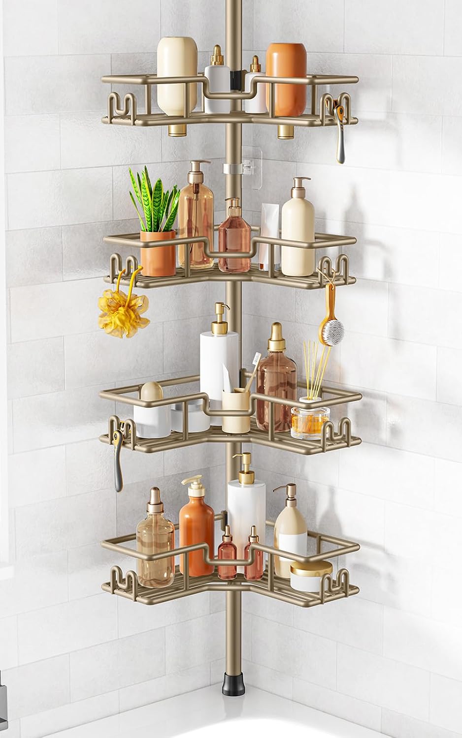 HAMITOR Shower Caddy Tension Pole: 4-Tier Adjustable Corner Organizer Black