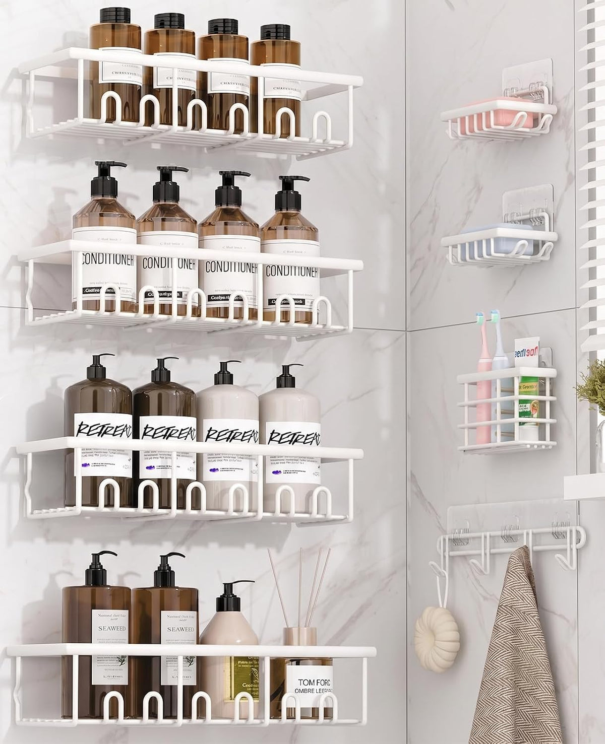 8 Pack Adhesive Large Capacity No-Drilling Shower Caddy, Black