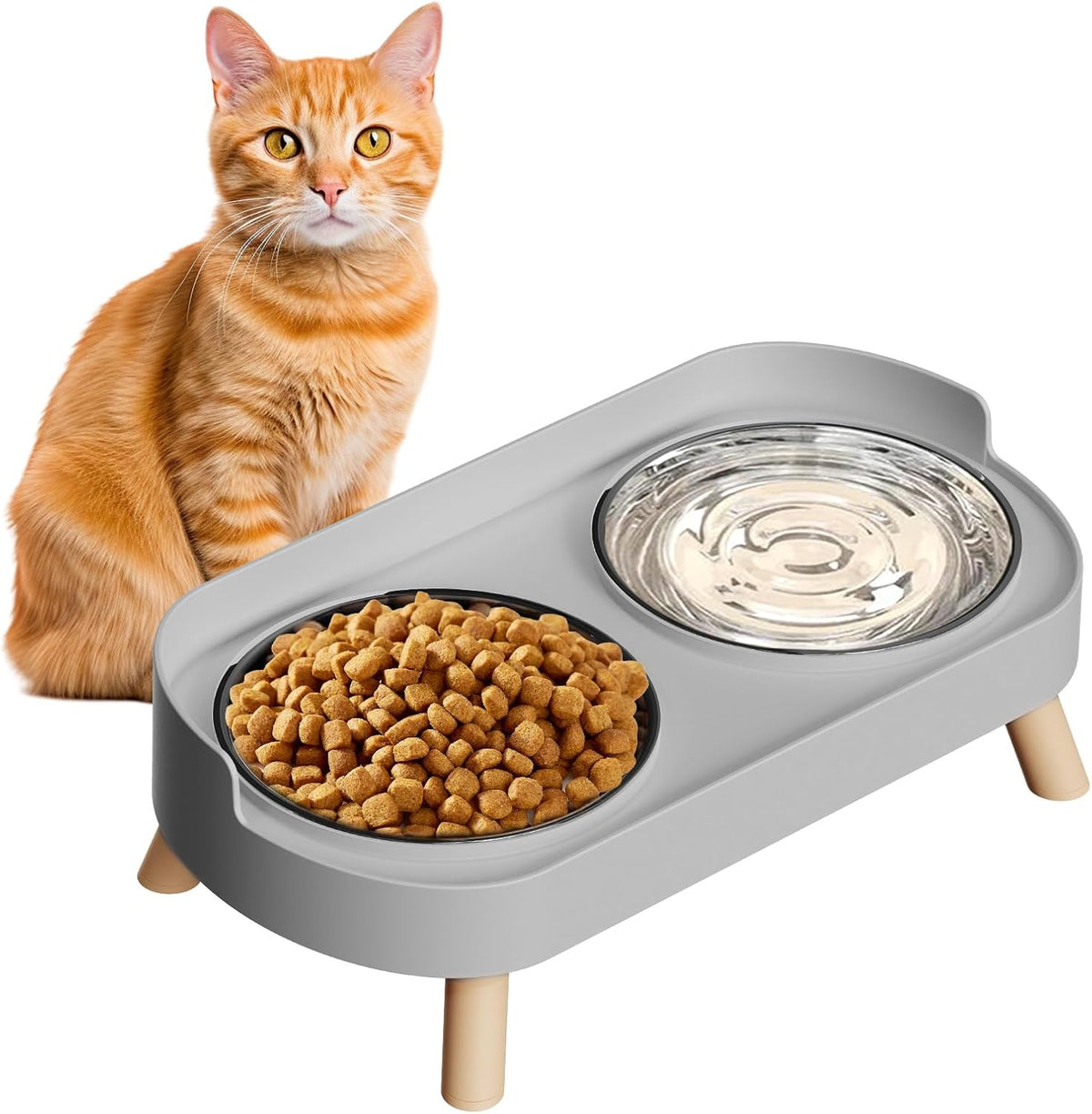 Elevated Cat Bowl, Raised Cat Food and Water Bowl Set for Indoor Cats, Splash Proof with 2 Stainless Steel Pet Food Bowls for Cats and Puppies, Whisker Fatigue and Dishwasher Safe - White