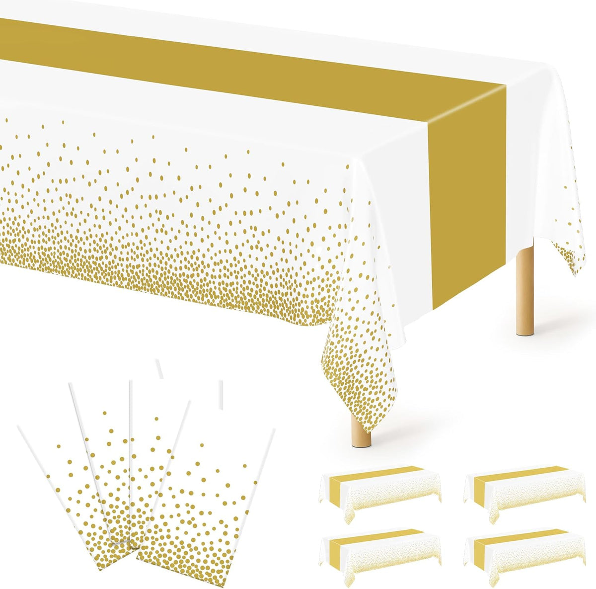 4Pack Black and Gold Tablecloths for Events, 54" x 108" Plastic Table Cloth Disposable for Rectangle Tables, Waterproof Table Cloth Cover for New Years Eve Decorations Holiday Birthday Wedding Dining