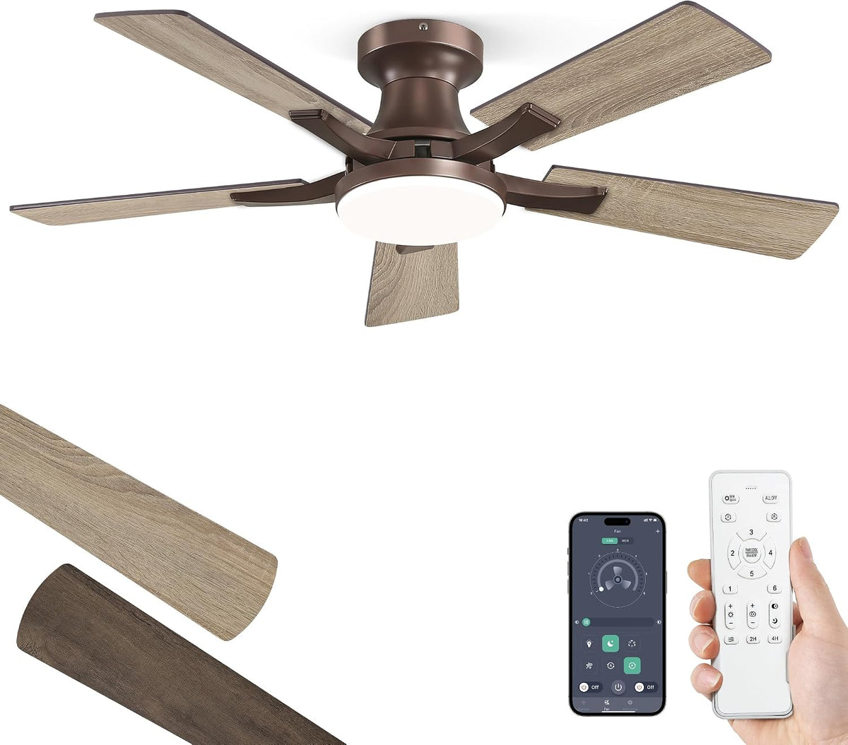 ZMISHIBO 52 Inch Ceiling Fans with Lights, Remote&App Control, Flush Mount