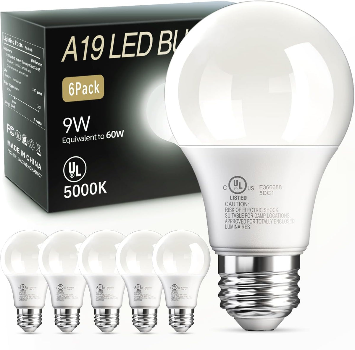 TJOY 6 Pack A19 LED Light Bulbs, Soft Warm White 2700K, 60 Watt Eq,E26 Base