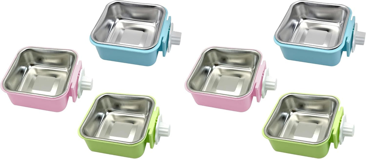 kathson Crate Dog Bowl, Removable Stainless Steel Hanging Pet Kennel Cage Bowl Food & Water Feeder Coop Cup for Puppy, Cat, Rabbit, Guinea Pigs Ferret Bird (2 PCS, Size: M, Blue and Green)
