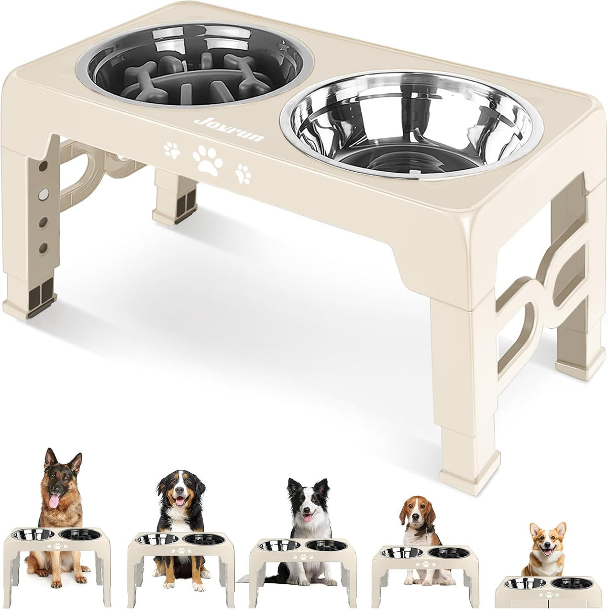 Jovrun Elevated Dog Bowls for Medium Large Size Dogs, Non-Slip Dog Feeder with 1*Stainless Steel Dishes & 1*Slow Feeder Bowl, 5 Heights Adjustable Raised Bowls to 3.15″-8.66″-9.84″-11.02″-12.2″