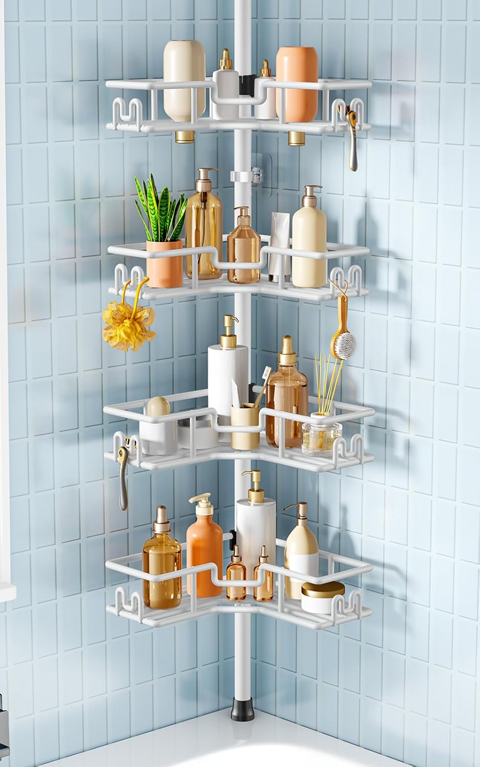HAMITOR Shower Caddy Tension Pole: 4-Tier Adjustable Corner Organizer Black
