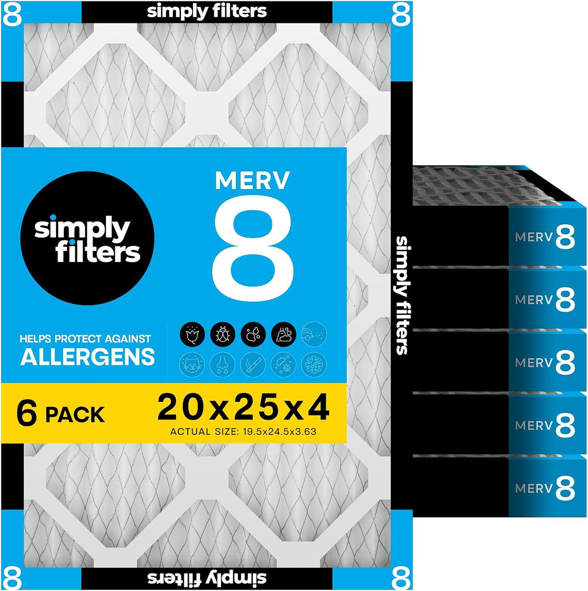 Simply 20x20x1 Air Filter, Merv 8, MPR 600, 6 Pack, Furnace Air Filter for HVAC (Actual Size: 19.75"x19.75"x0.75") DUST, Pet, & Allergy Control