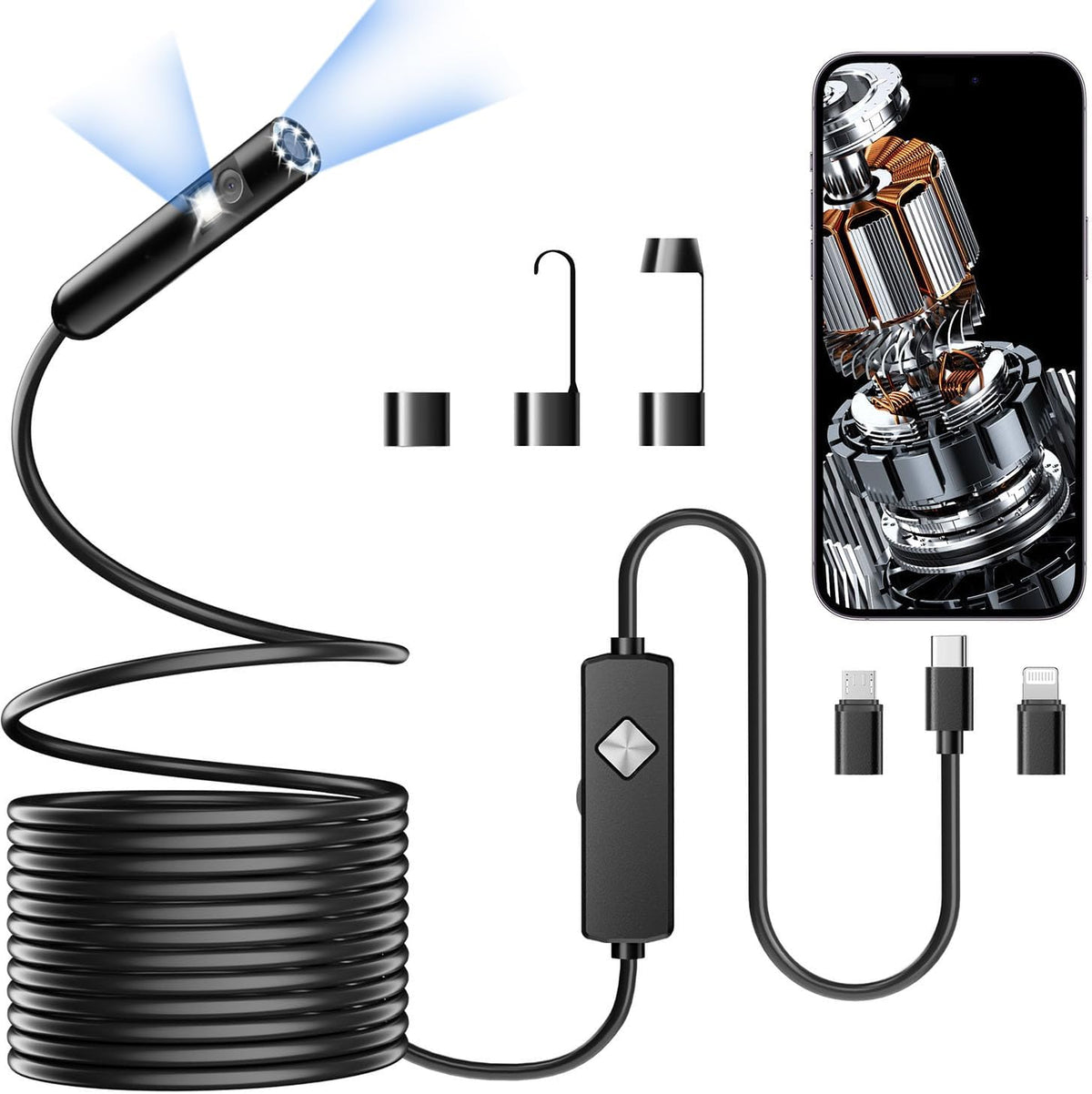 Endoscope with Light, 1920P HD Borescope with 8 Adjustable LED Lights, Semi-Rigid Snake Camera, IP67 Waterproof Inspection Tool (16.4ft, Black + Dual Lens Wiring Harness)