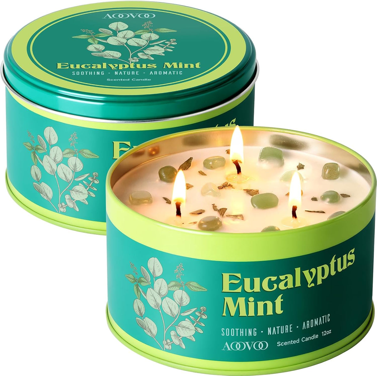 AOOVOO Sage Candle for Cleansing - 3 Wick 12oz Large Scented Candle with Crystals & Sage Leaves Inside, Soy Candles Non Toxic for Meditation Spiritual Gift, Aromatherapy Candle for Women Men