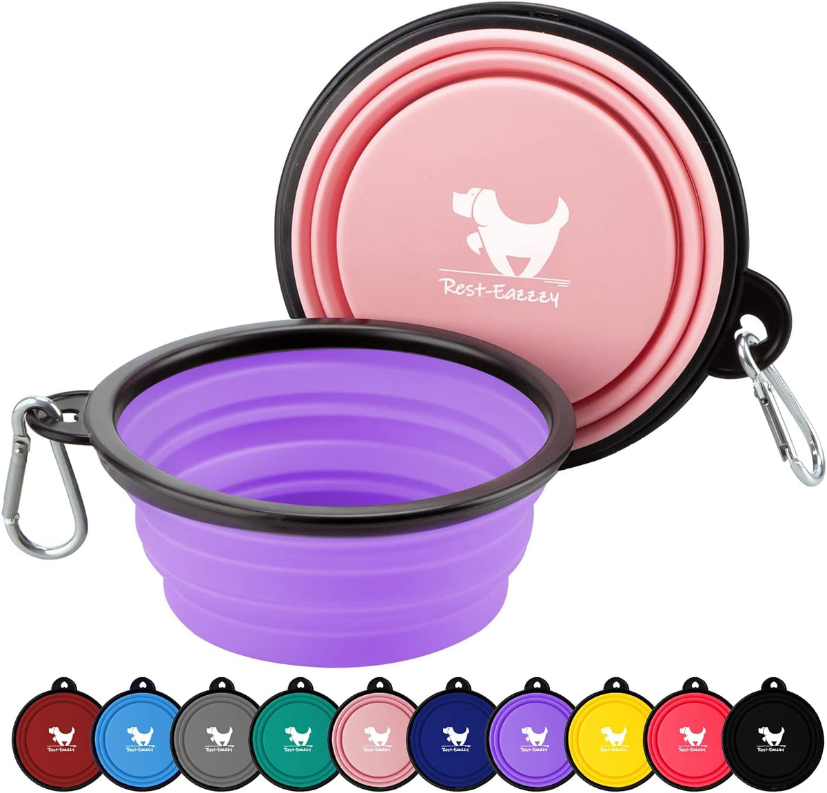 Rest-Eazzzy Collapsible Dog Bowls, 2 Pack Sturdy Portable Dog Water Bowls | Wear-Resistant TPE, Anti-Dust Foldable Travel Dog & Cat Bowls for Camping Walking Hiking with Carabiners