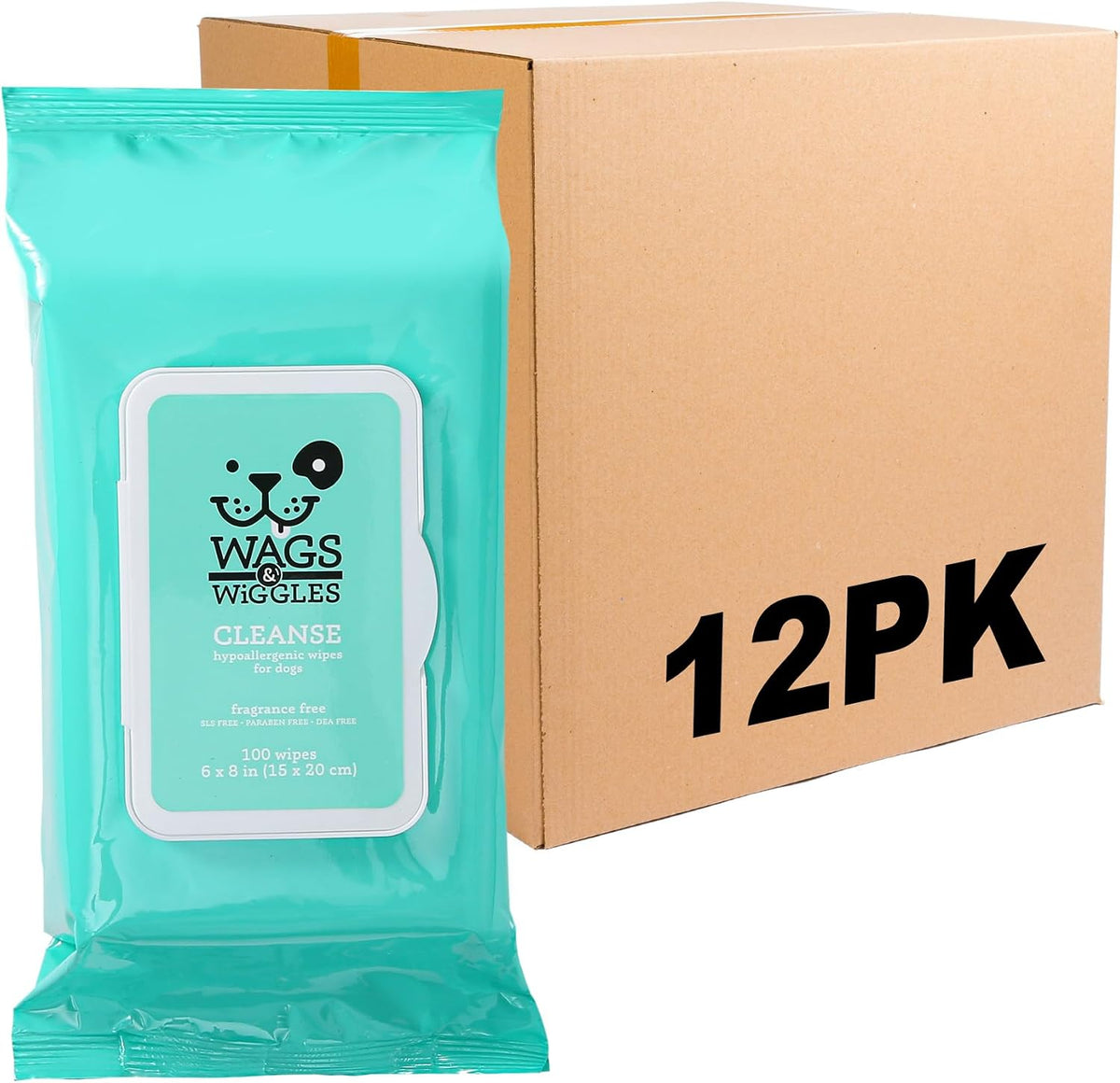 Wags & Wiggles Hypoallergenic Dog Wipes, Fragrance-Free, 100 Count | Waterless cleansing cloths for paws, face, and body, no SLS, parabens, or DEA for sensitive skin