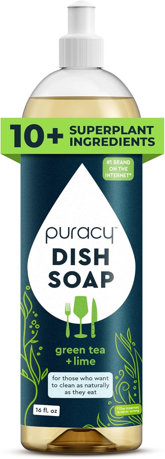 Puracy Natural Dish Soap Refill - Skin-Softening Plant-Based Liquid Dishwashing Detergent Soap, Clean-Rinsing Water-Sheeting Formula (Organic Lemongrass, 48 fl oz)