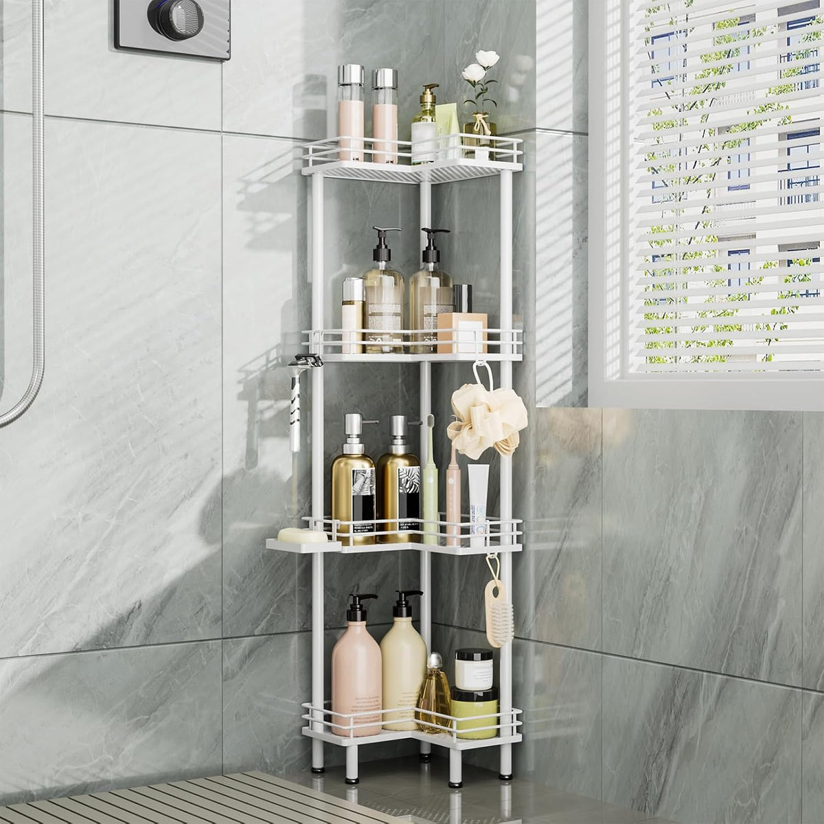Consumest Corner Shower Caddy Standing - 3-Tier Stainless Steel Shower Organizer with Soap Holder and 4 Hooks, Large Capacity Corner Shelf Stand for Bathroom, Rest Room, Black