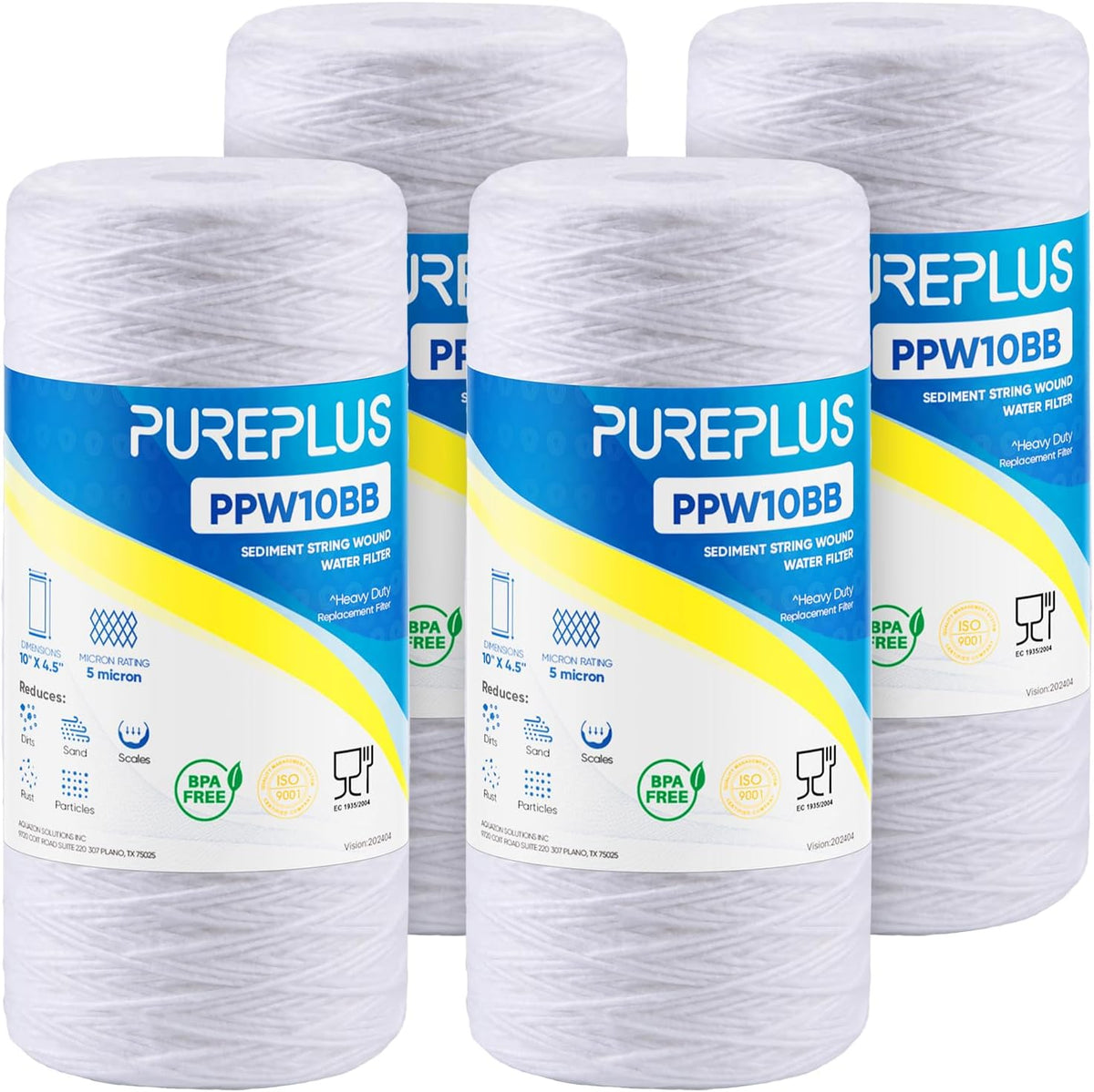 PUREPLUS 5 Micron 10 x 4.5 Whole House String Wound Sediment Filter for Well Water, Replacement Cartridge for 84637, WPX5BB97P, PC10, 355214-45, 355215-45, WP10BB97P, WP5BB97P, 2Pack