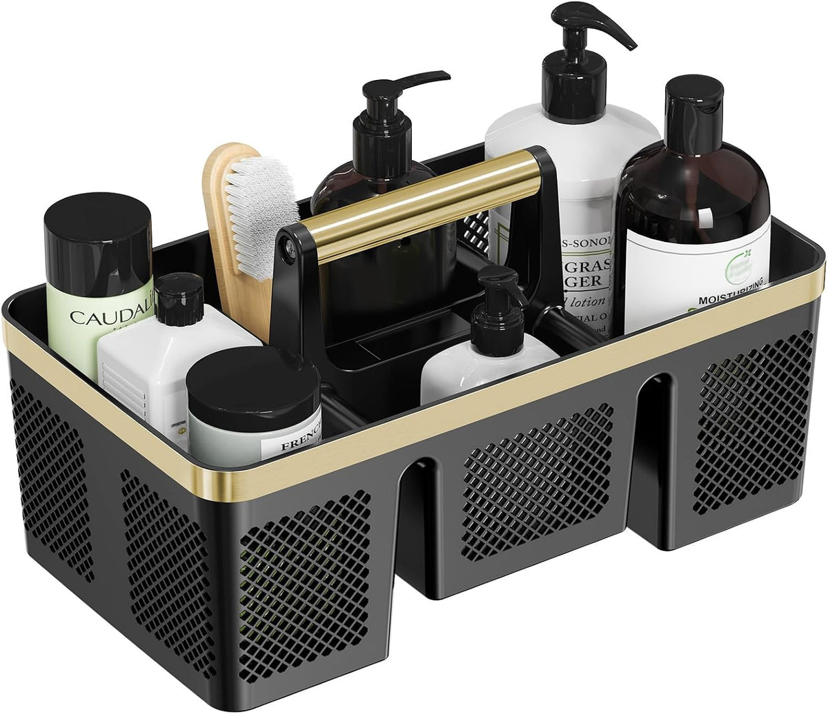 BYUNER Plastic Shower Caddy Dorm: Portable Cleaning & Shower Caddy with Handle, 4 Divided Compartments, All-Side Drainage, Rigid Plastic Basket Tote for College Dorm & Bathroom Use, Black/Silver