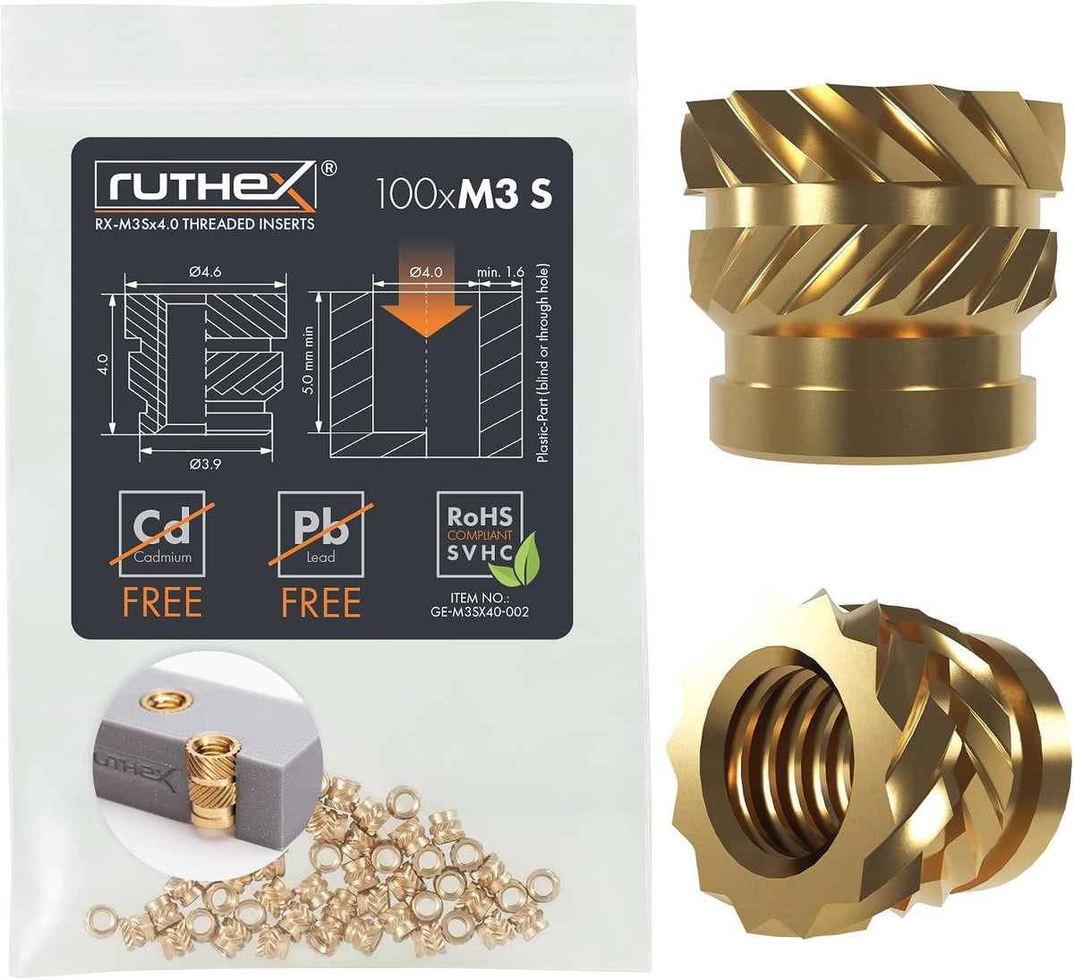 ruthex M3 Threaded Inserts - 100 Pieces RX-M3x5.7 Brass Heat Set Insert for Plastic Parts - Metric knurled Nuts - Insert by Heat into 3D Printing Components