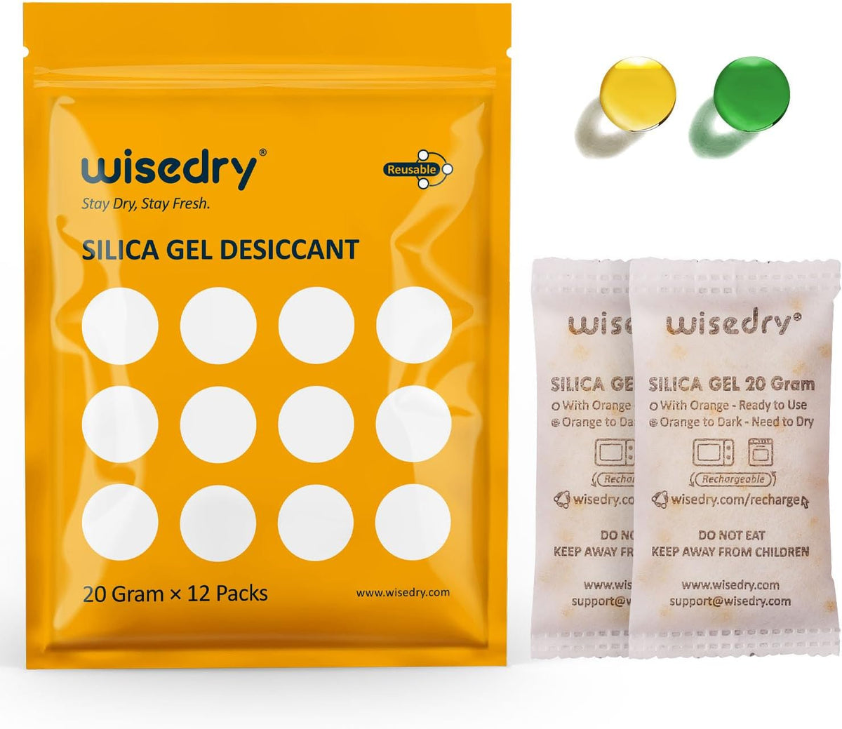 wisedry 2 x 500 Gram See-Through Silica Gel Packets, Color-Indicating Desiccant Packs for Storage, Reusable Gun Safe Dehumidifier, Rechargeable Car Dehumidifier Bag