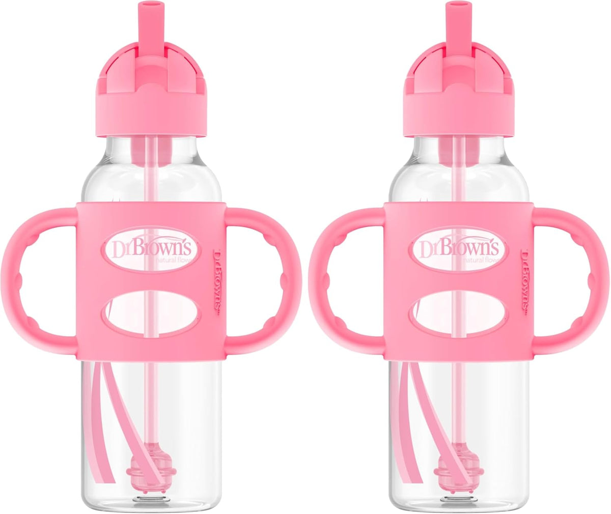 Dr. Brown's Narrow Sippy Straw Bottle with Handles, Gray & Pink, 2-Pack