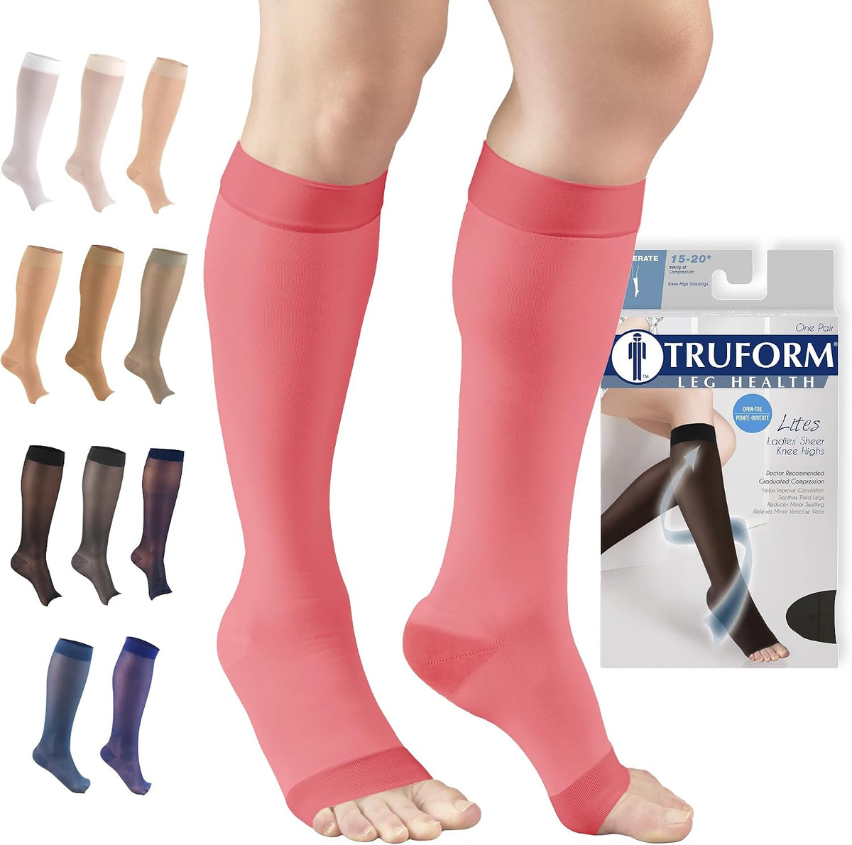Truform Sheer Compression Stockings, 15-20 mmHg, Women's Knee High Length, Open Toe, 20 Denier, Medium