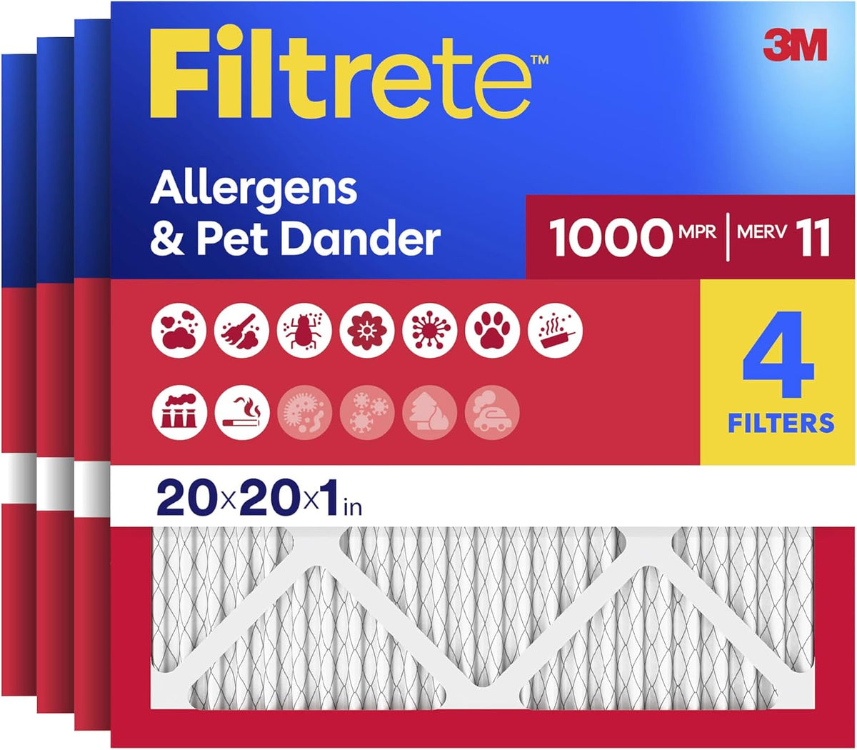 Filtrete 16x25x1 Air Filter, MERV 11, MPR 1000, Allergens & Pet Dander, 3-Month AC and Furnace Filters, Cleaner Air, Reliable Airflow, 4 HVAC Filters (Actual Size 15.68 x 24.68 x 0.81 in)