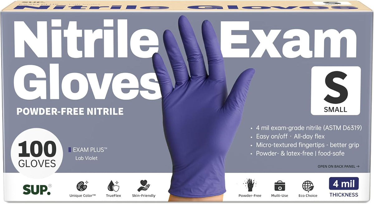SUP Powder-Free Nitrile Exam Gloves, 100/1000 Ct Food Safe Latex-Free Medical Cooking Cleaning Disposable Glove, Blue Violet