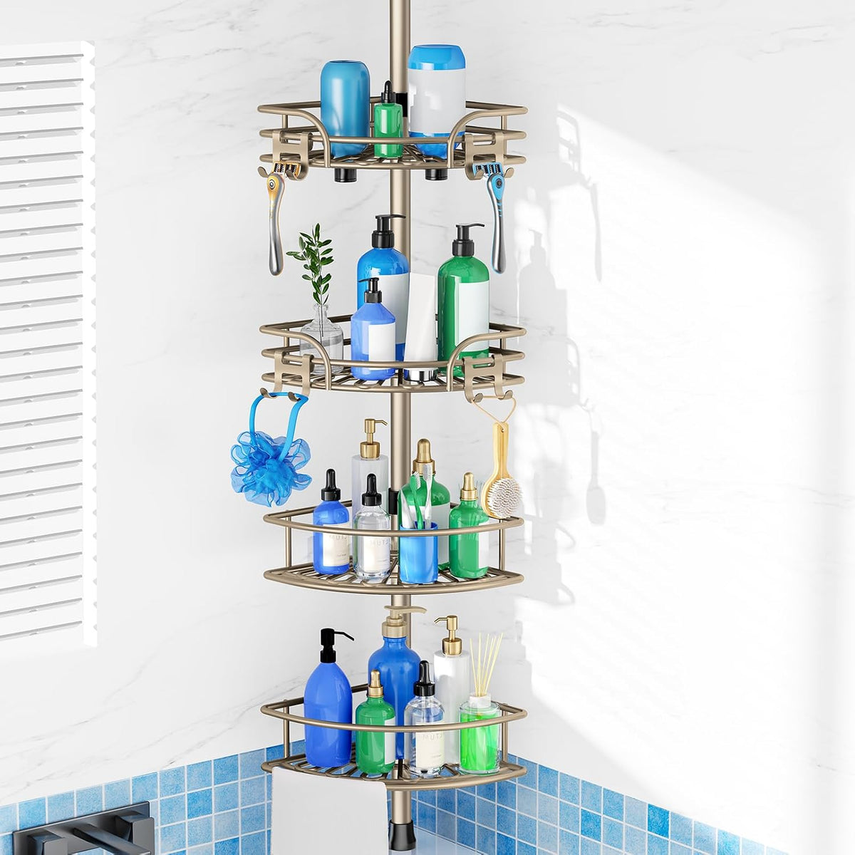 HAMITOR Corner Shower Caddy Tension Pole, Adjustable No-Drill Widen Shelves