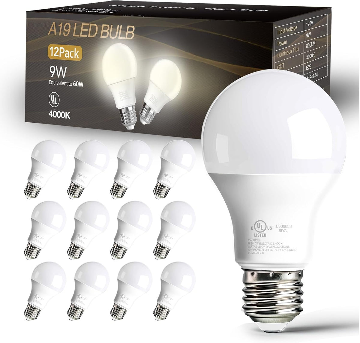 dalattin 24 Pack LED Bulbs Daylight White 5000K, 60 Watt Equivalent A19 Standard Bulbs, E26 Base, 800 LM, Efficient 9W Energy Saving, Non-Dimmable, 80+ CRI, 120V, UL Listed, for Living Room, Office