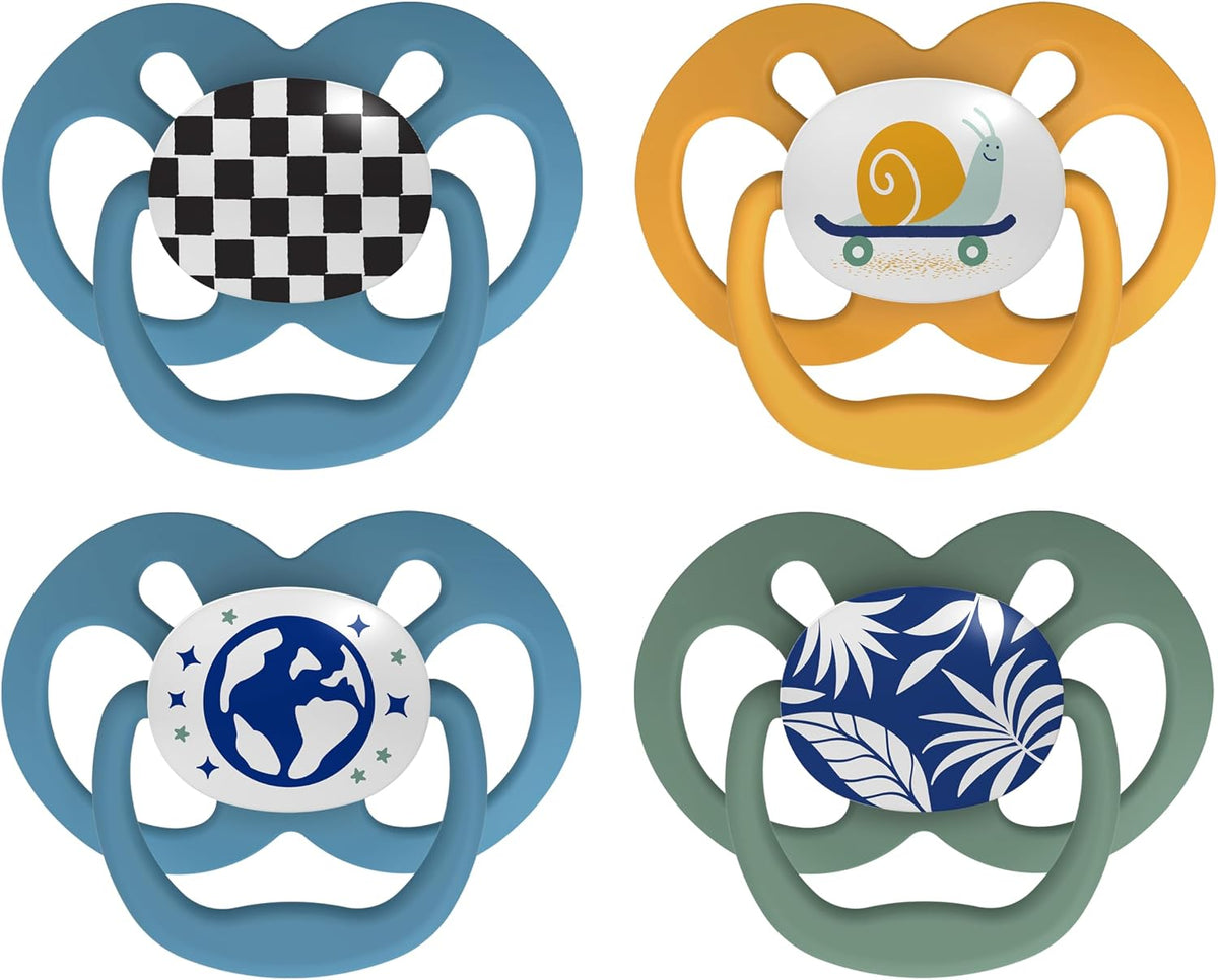 Dr. Brown's Advantage Glow-in-the-Dark Baby Pacifier, Fully Symmetrical Soother with Soft Silicone Bulb, Skateboard Snail-Blue Nature, 6-18m, BPA Free, 4 Pack