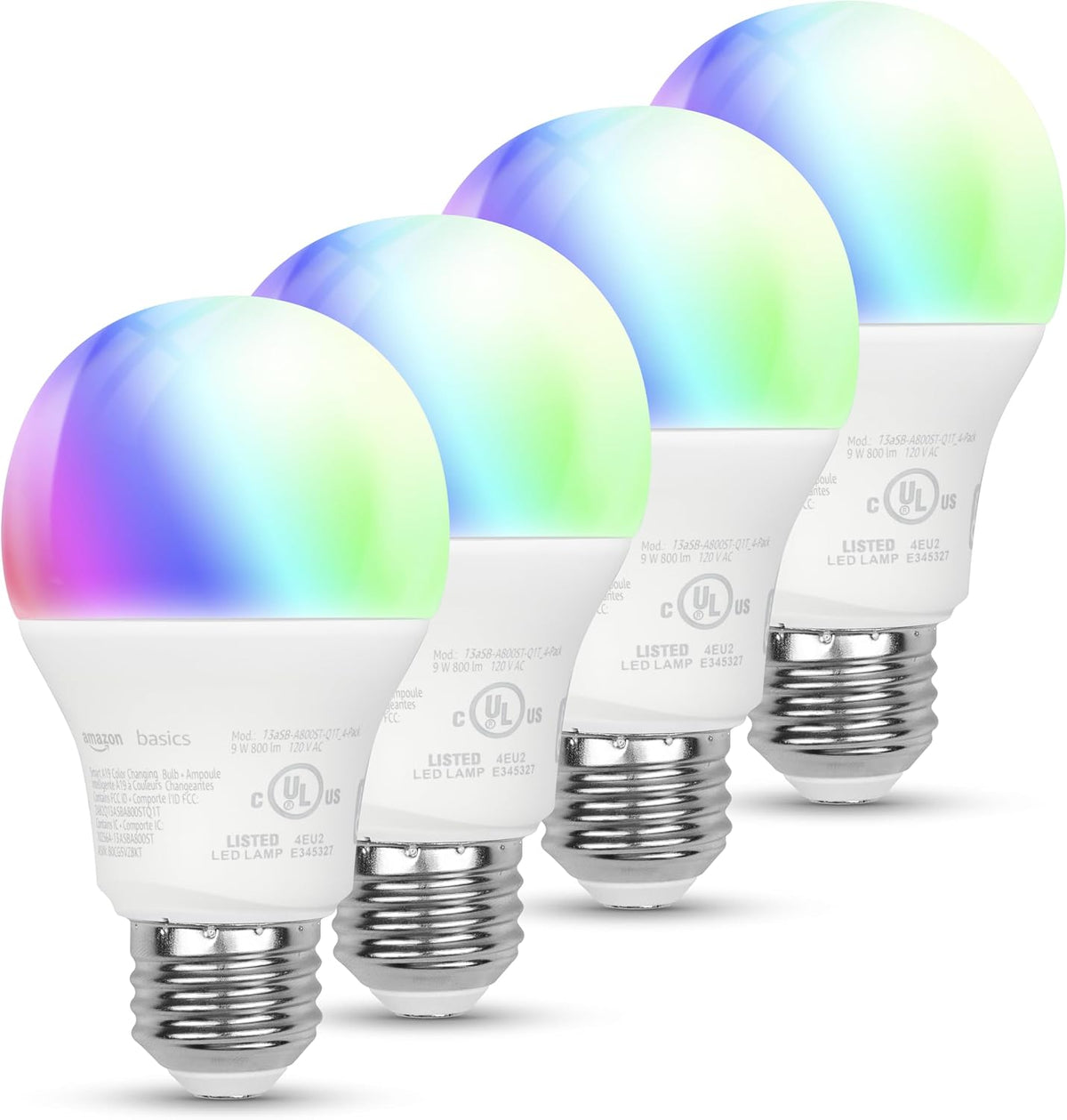 Amazon Basics Smart A19 LED Light Bulb, Color Changing, 9W (60W Equivalent), 800LM, Works with Alexa Only, WiFi 2.4 GHz, No Hub Required, Mood Lighting, Energy Efficient, 1-Pack